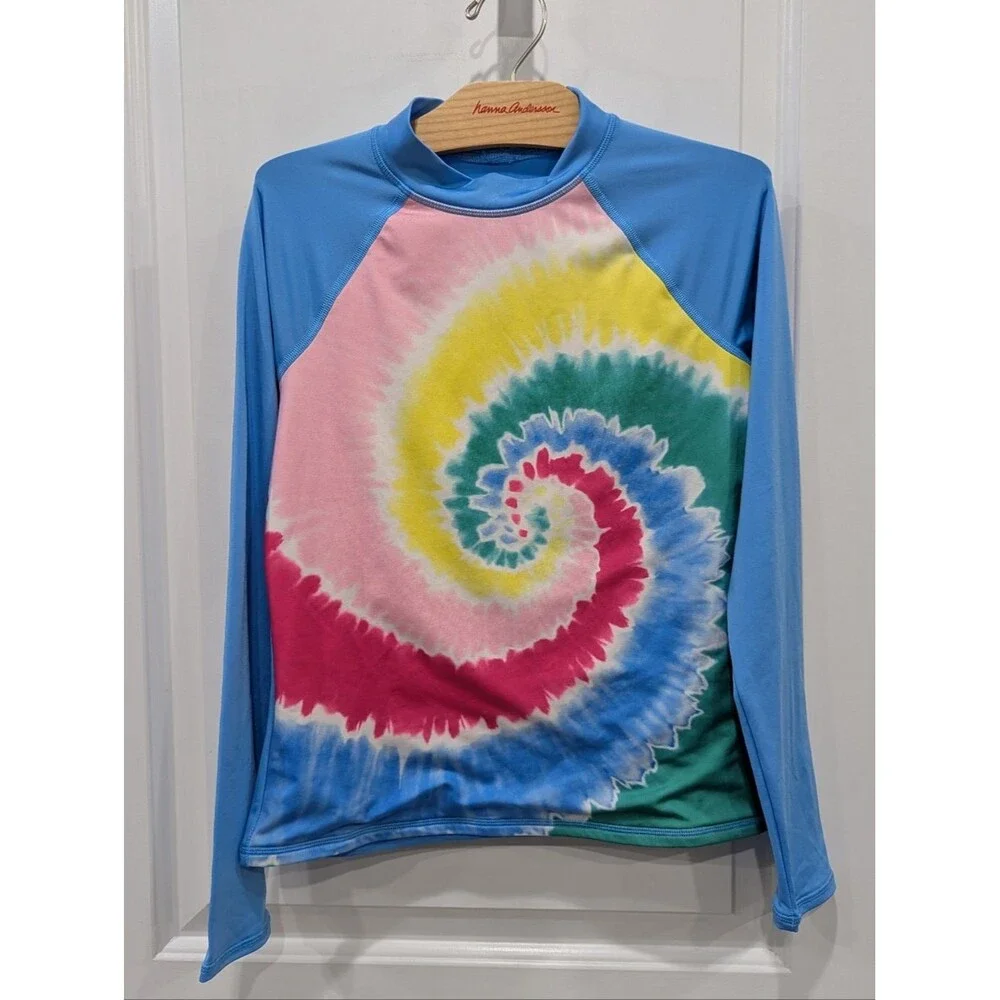 Lands' End Kids Girls Blue Rainbow Tie-Dye Long Sleeve Swim Rashguard Size 10 12